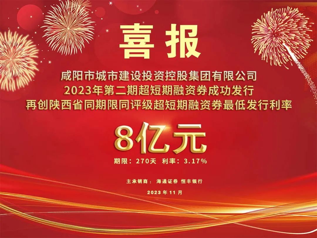 喜報！咸陽市城投集團2023年第二期超短期融資券8億元再創(chuàng)利率新低